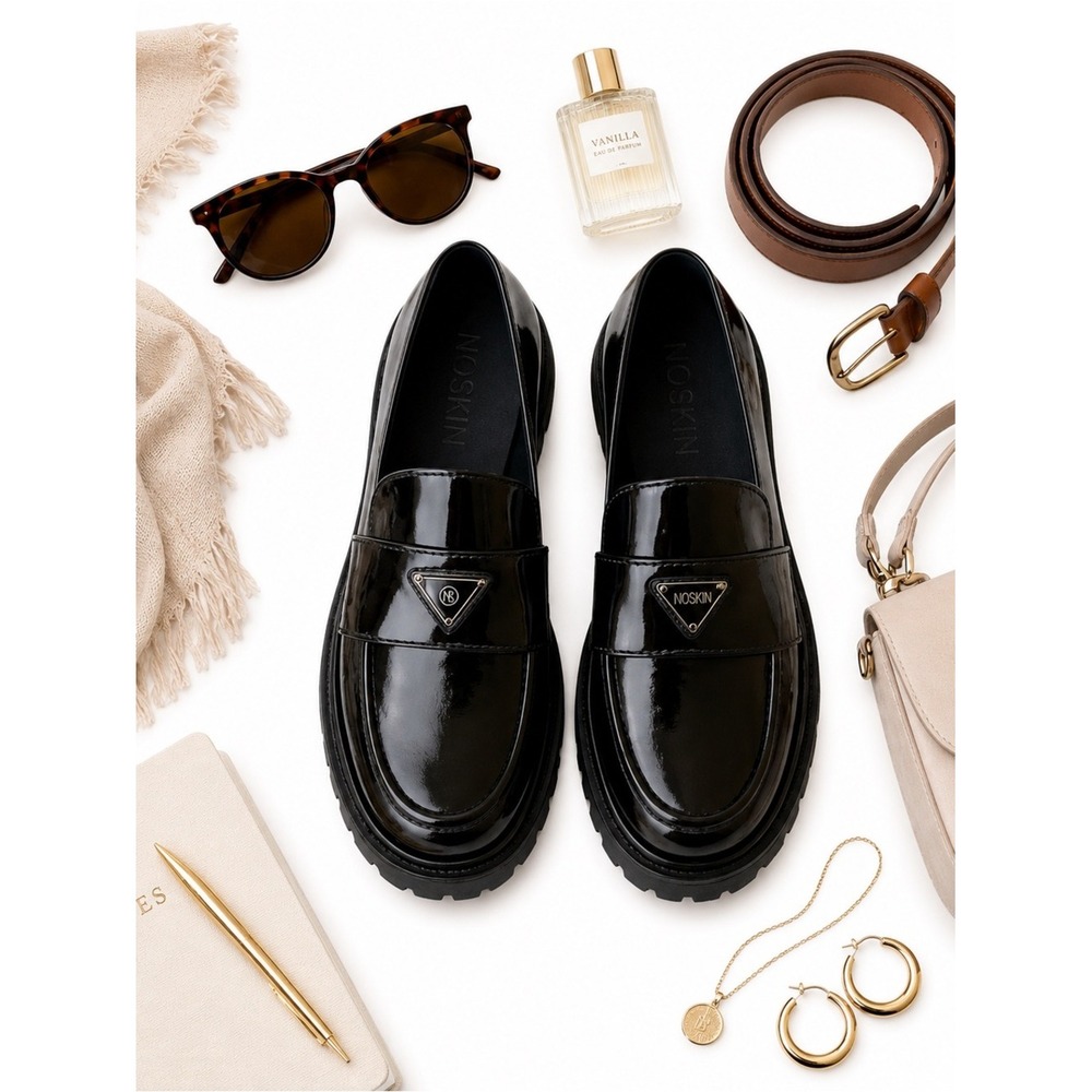 NoSkin Lulie Black Patent Lug Sole Loafers EU 38 US 7.5 New Without Box Chic - Picture 14 of 15